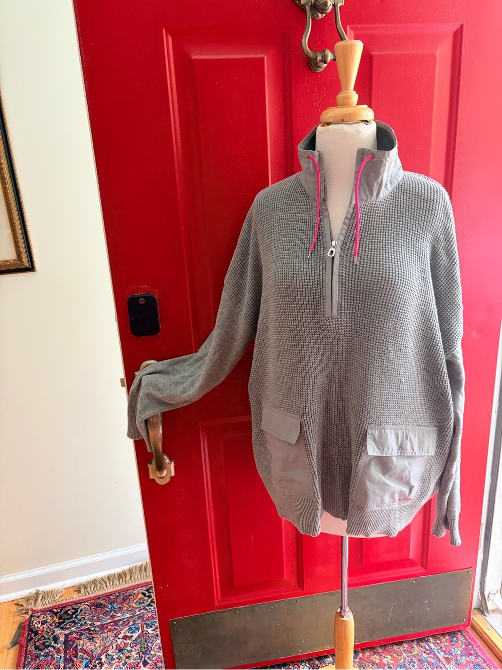 Ralph Lauren Gray Waffle-Knit Half-Zip Sweater with Pink Drawcords